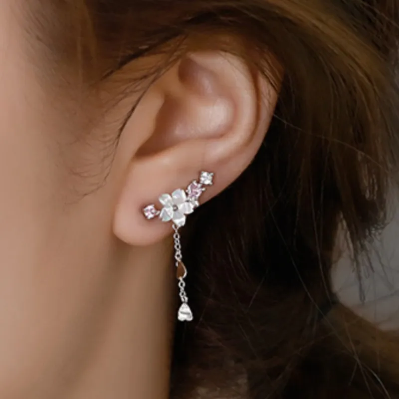 Pendientes colgantes de gota de Color plateado con circonita cúbica de concha rosa y flor lila para mujeres y niñas, joyería delicada con borla larga