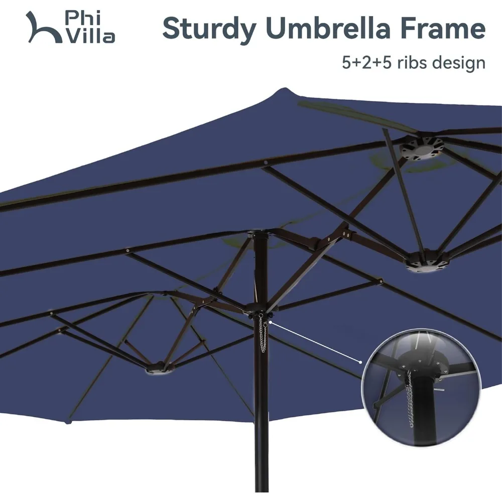 Grand Parapluie avec Base Incluse, Parapluie de Marché Rectangulaire Double Face, Extérieur avec Manivelle, Jardin, Bleu, 15 Pieds