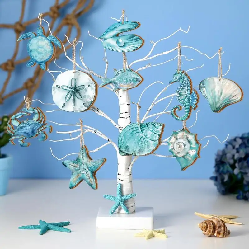 20Pcs Summer Ocean Animals Ornaments with Rope Tree Wooden Beach Hanging Pendants for Ocean Themed Decoration Party Supplies