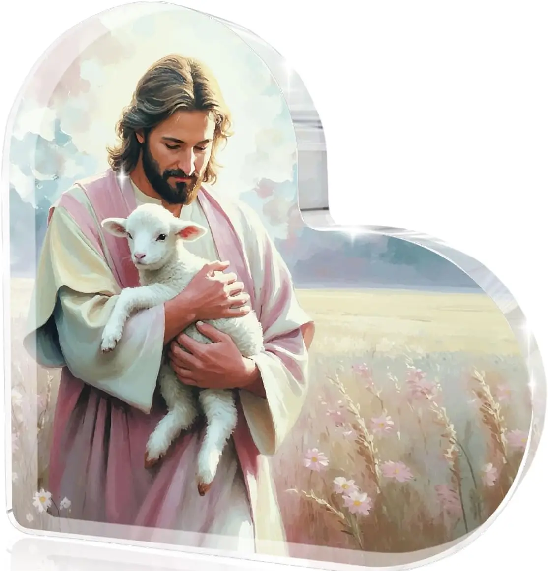 Good Shepherd Heart‑Shaped Acrylic Sign, Jesus And Lamb Pastoral Floral Scenery Inspirational Desktop Ornament