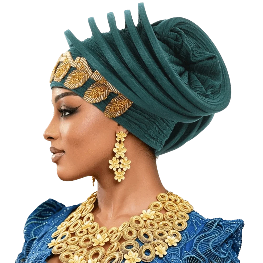 Chic Shiny African Gele Headwrap Leaf Polyester Yoruba Turban Hat Multiple Color Options Pre-tied Traditional Headpiece Daily