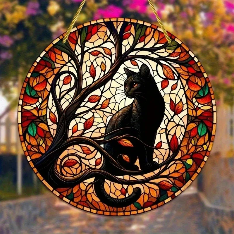 Black Cat in Moonlight Stained Window Hanging Sun Catcher Sunshade Cat Lover Sign Gift for Family Home Outdoor Indoor Yard Decor
