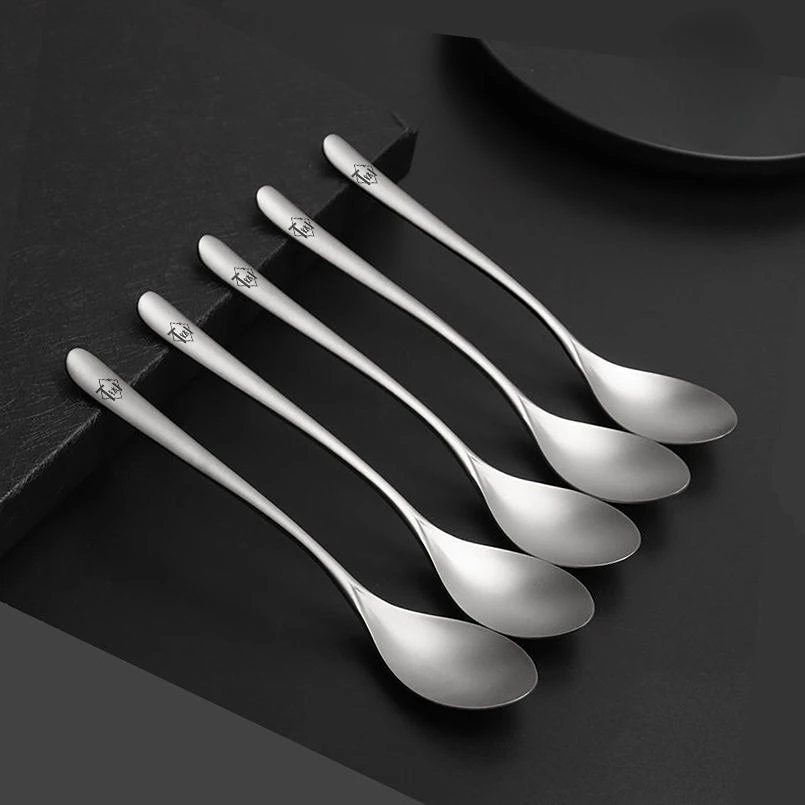 5pcs Titanium Spoon Eating Long Handle Stirring Spoon Thickened Western Food Spoon Outdoor Portable Titanium Tableware Picnic