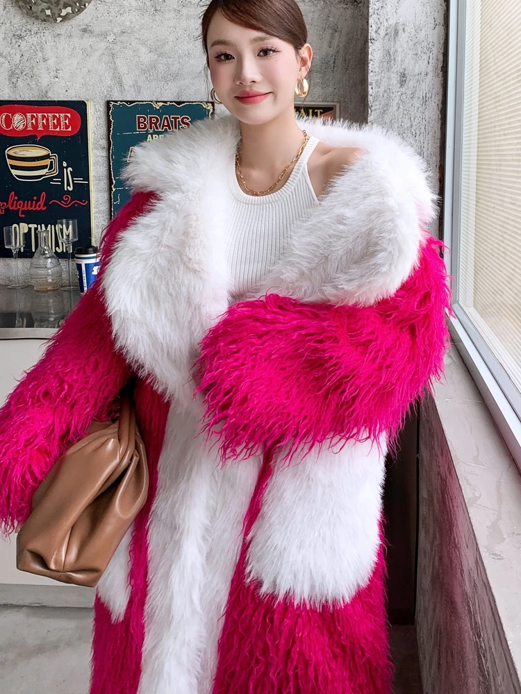 Lady Personalized Rose-red Faux Fur Coat Contrast Color Long Jacket Female Streetwear Women\'s Winter Coats Performance Costume