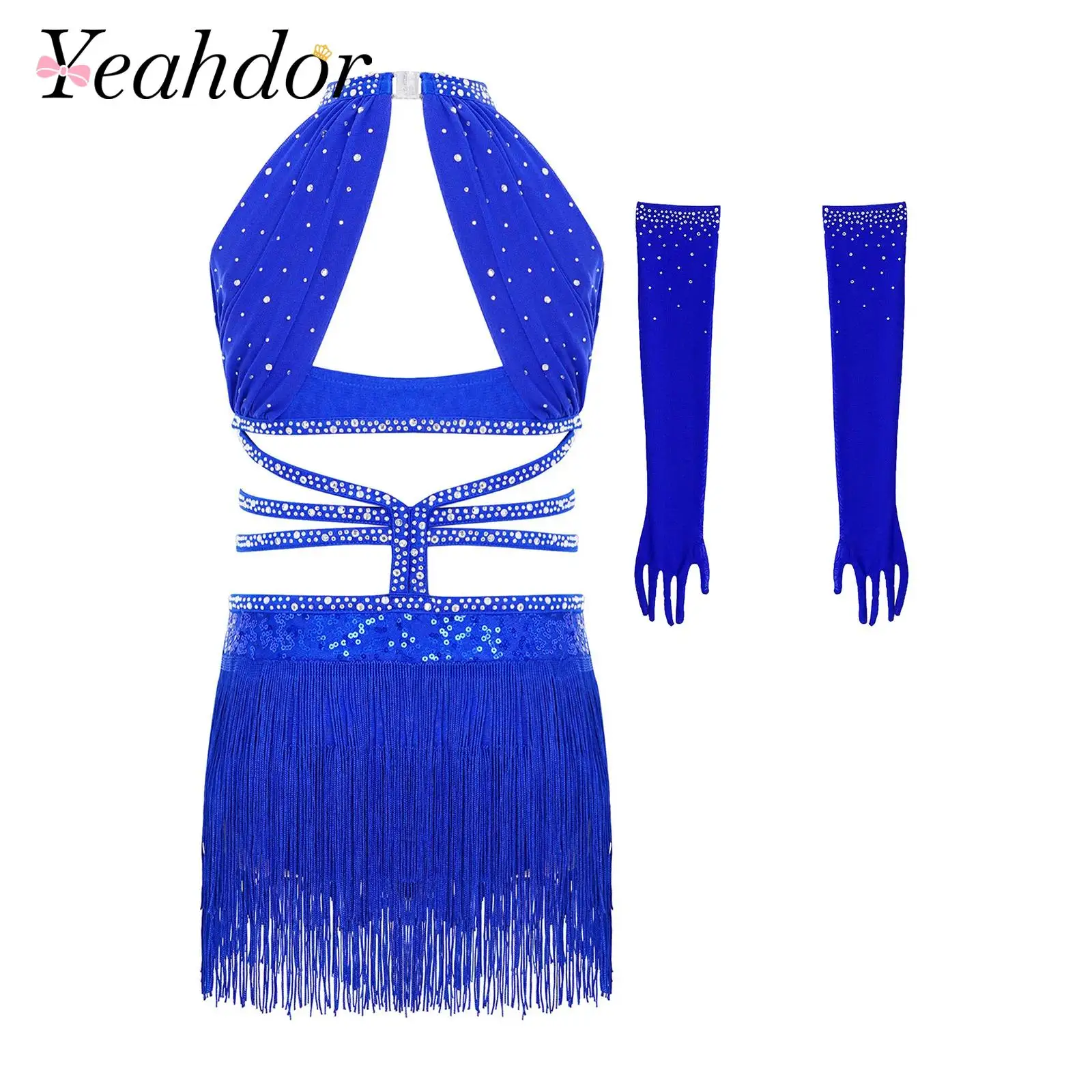 Kids Girls Shiny Sequins Chacha Dress for Moden Jazz Latin Dance Ballet Dress Stage Performance Dance Costume with Mesh Gloves