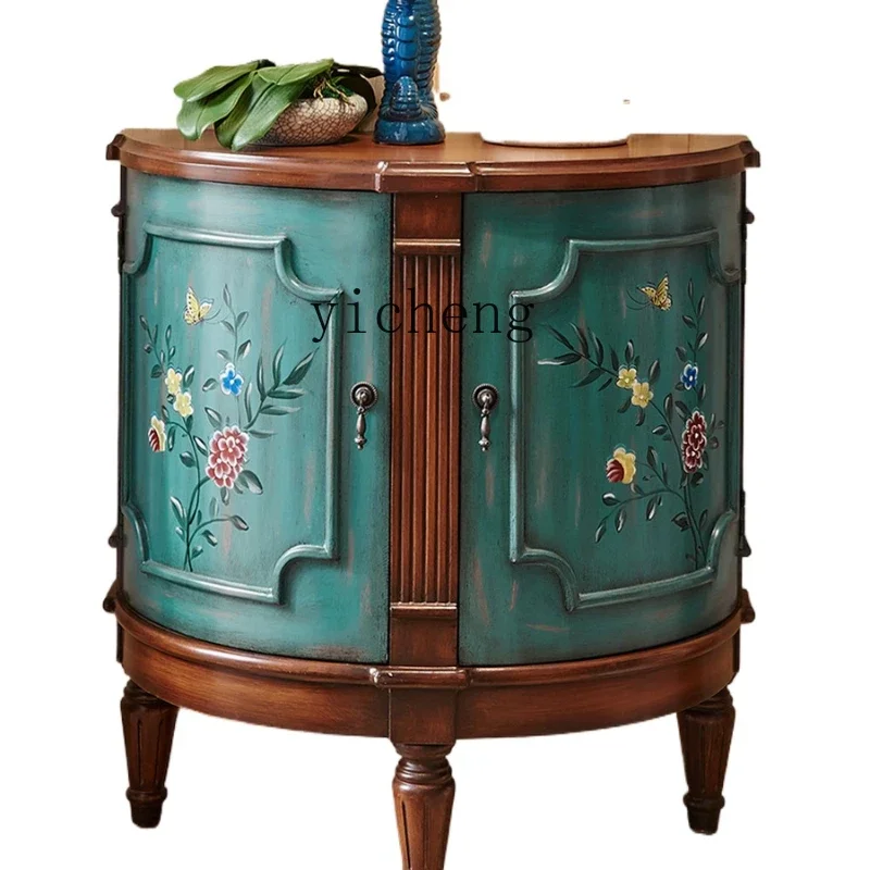 ZK living room retro painted aisle side cabinet semicircular small entrance cabinet against the wall solid wood storage cabinet