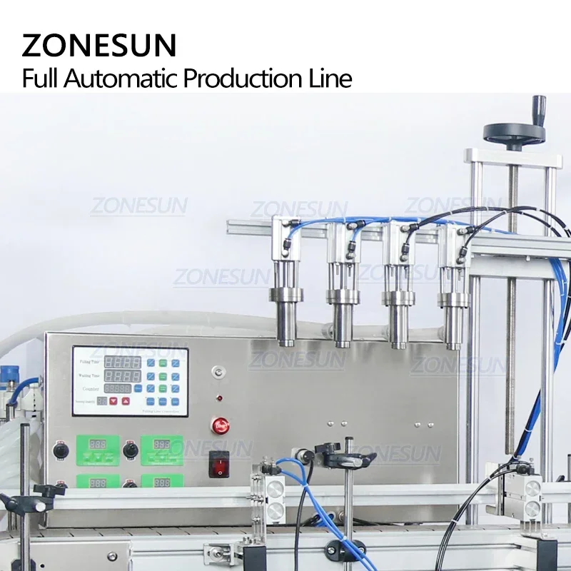 Zonesun desktop totalmente automático 4 bocal tinta gel líquido redondo pet garrafa enchimento tampando máquina de rotulagem linha com tampa alimentador