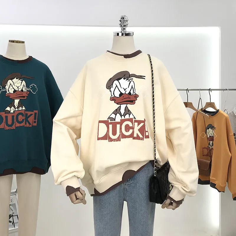 

Spring Thin Women's Hoodie Old Fashioned Printed Duck Brand Sweatshirt Korean Style Loose Fit Cotton Polyester Blend Long Sle...