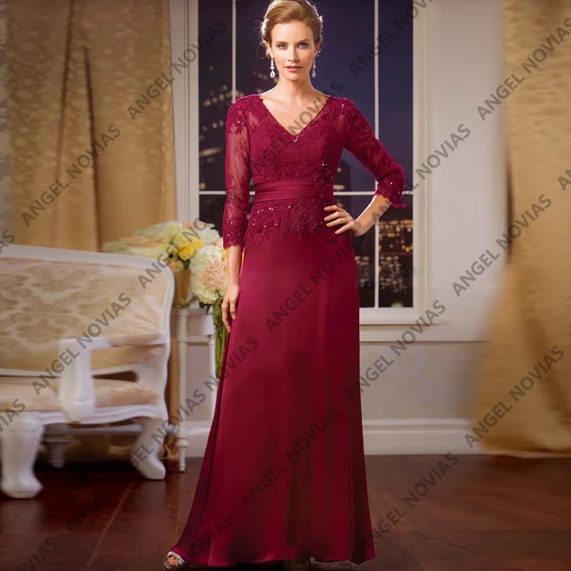 

Muslim Burgundy Mother of the Bride Dresses with Sleeves Customized Wedding Party Dress Vestidos Para Madre De Novia