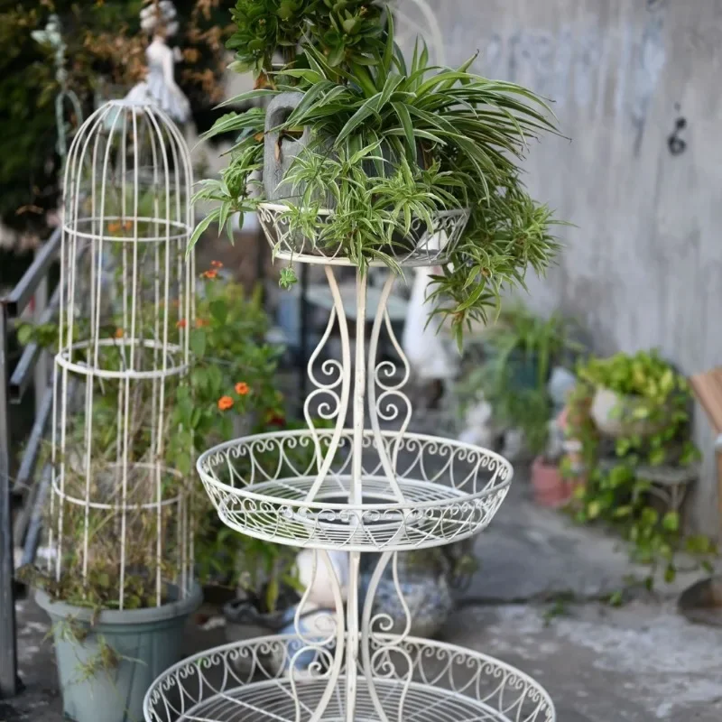 country wrought iron disc three-layer retro, large flower stand outdoor garden, plant potted balcony, multi-layer shelves