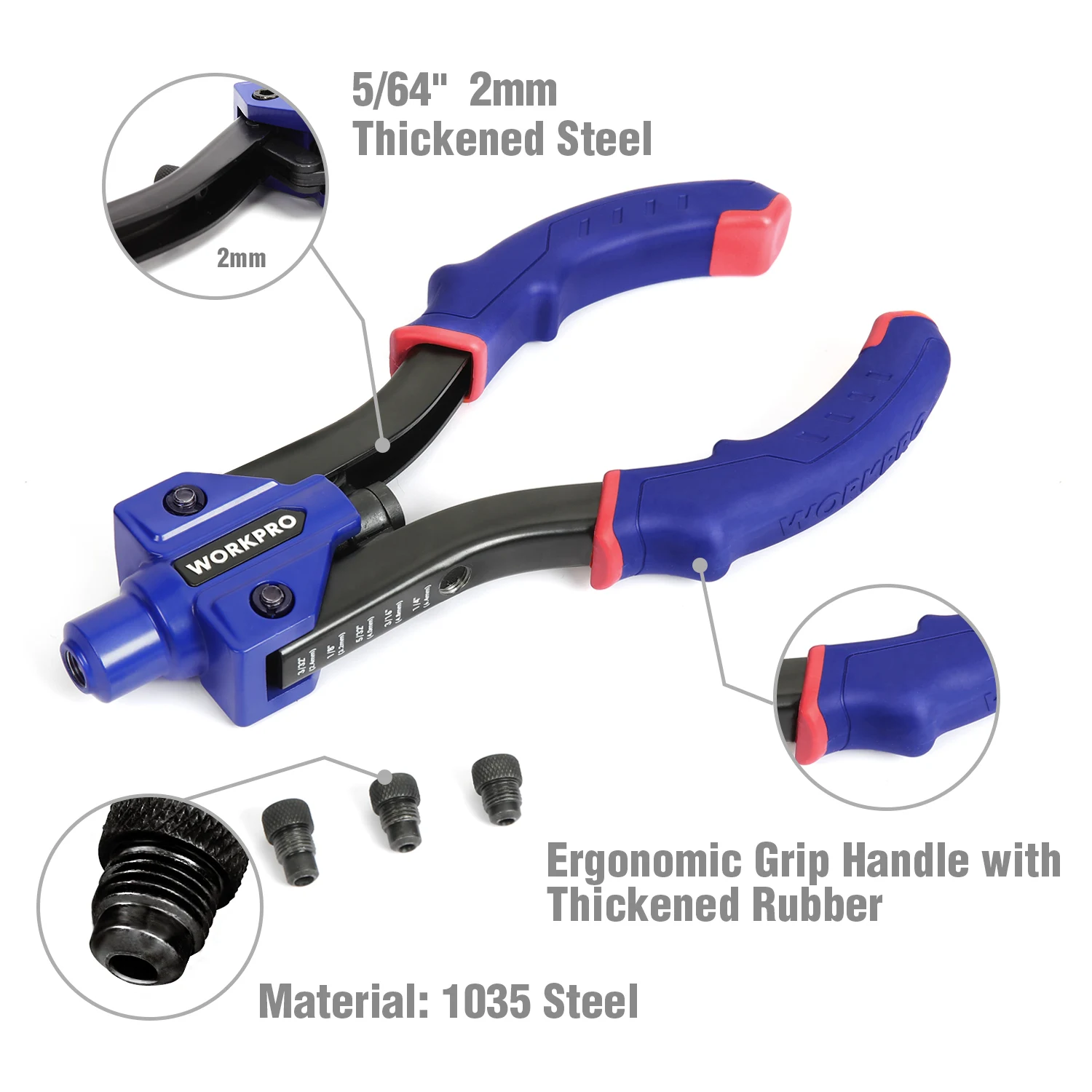 WORKPRO 10-Inch Pop Rivet Gun, Heavy Duty Riveter 5-in-1 Hand Riveter Set for Metal, Plastic, Repairing Truck Bed