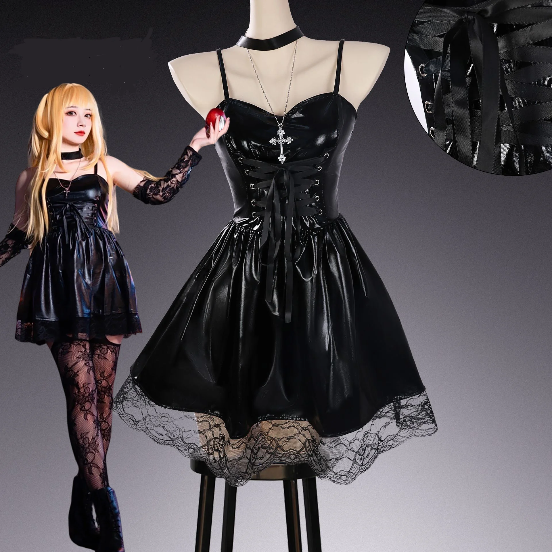 

MisaMisa Anime Cosplay Costume Death Black Spaghetti Strap Skintight Leather Dress with Lace Detail Full Set for Women And Girls