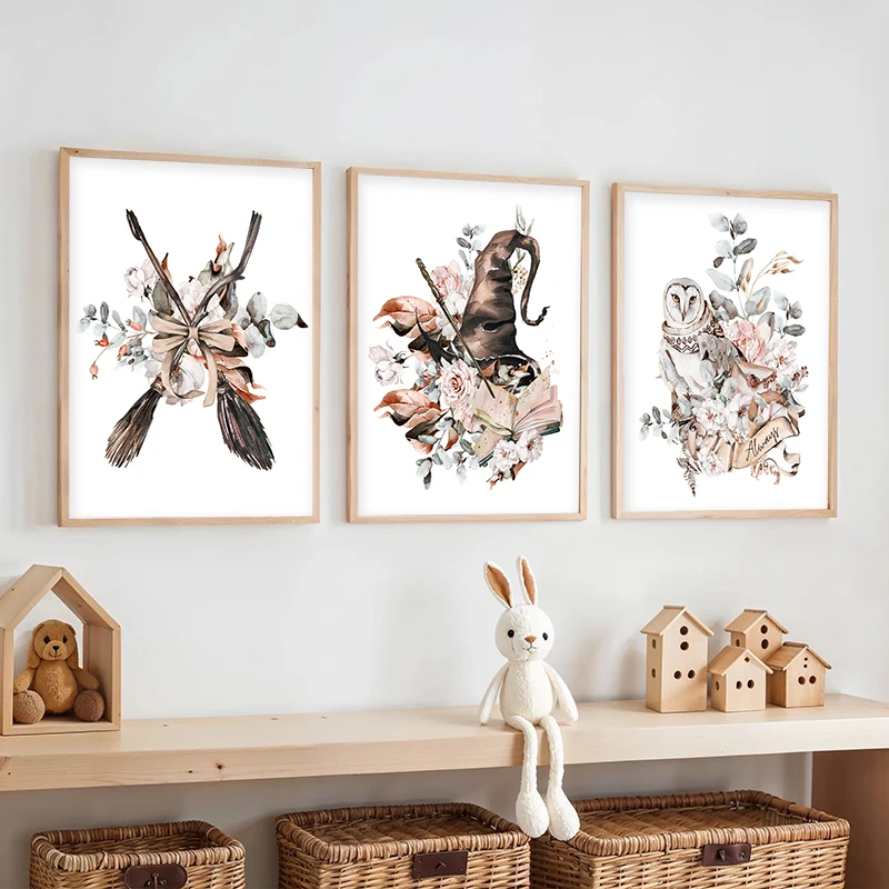 Harry Potter Art Prints Floral Wizarding Posters Whimsical Watercolor Botanical Canvas Painting Kids Room Wall Decor