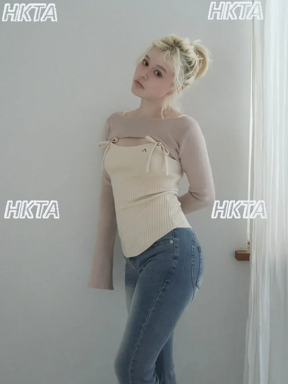 

Японский нишевый дизайн, милый милый вязаный свитер с галстуком-бабочкой, свитер, жилет, топ, комплект из двух предметов, осенний новый свитер с длинными рукавами