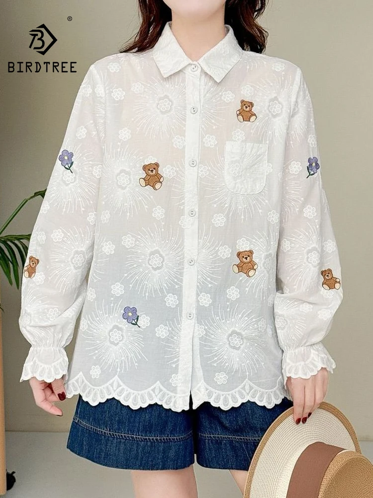 

Новая женская хлопковая рубашка с длинным рукавом Весна 2026, с отложным воротником и вышивкой, в стиле Mori Girl, омолаживающая, милая, свободная блузка T61017CC