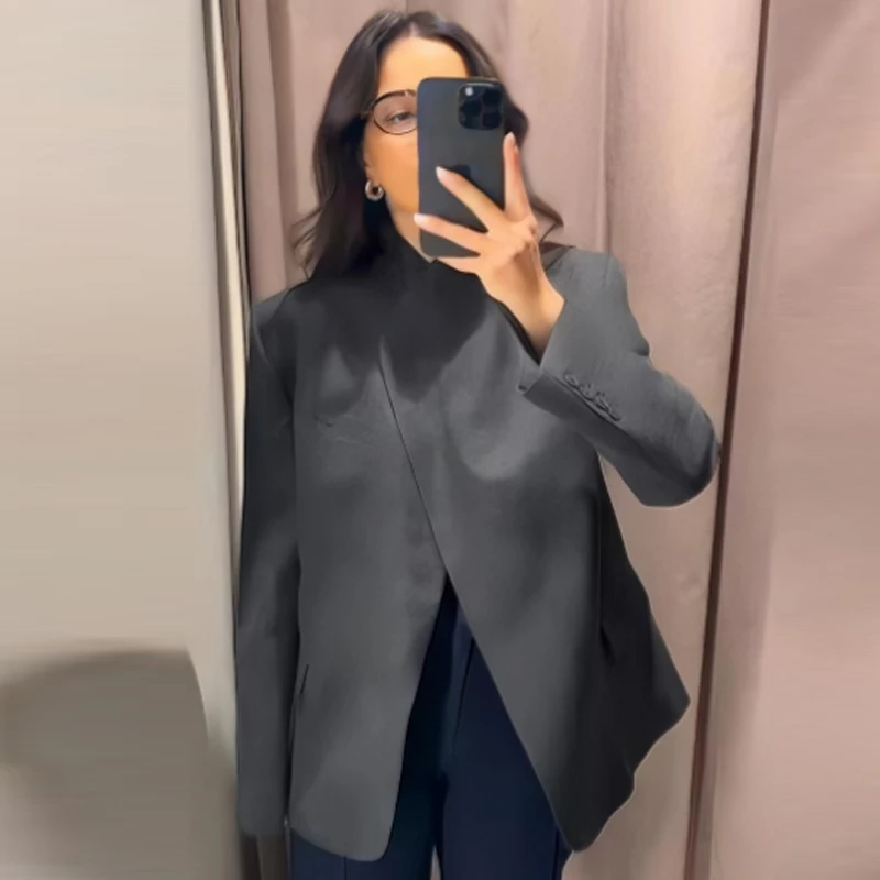 HXAO بليزرات للنساء مكتب تبدو رمادي داكن السترة المرأة غير المتكافئة طويلة الأكمام الخريف المرأة السترة فضفاضة عادية السترة #5