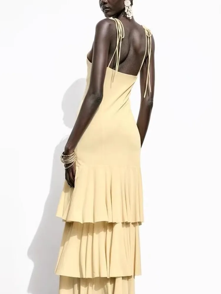 Vestido Midi F E com Decote em V, Novo Estilo com Decoração em Camadas, Coleção Primavera Verão 2025, Cintura A...