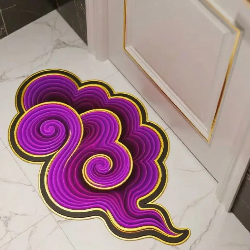 VIKAMA Irregular Rainbow Swirl Cloud Doormat Color Gradient Golden Edge Non Slip Soft Front Entry Indoor Bedroom Decor Rug