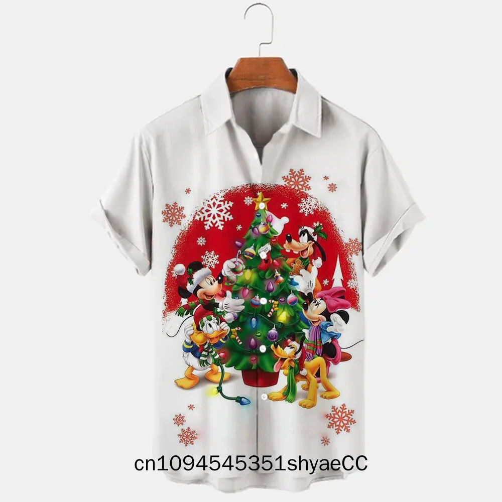 New Christmas Donald Duck Stitch and Mickey Cartoon 3D Printed Men's Lapel Short Sleeve Shirt 2024 Harajuku Style Slim Fit Top