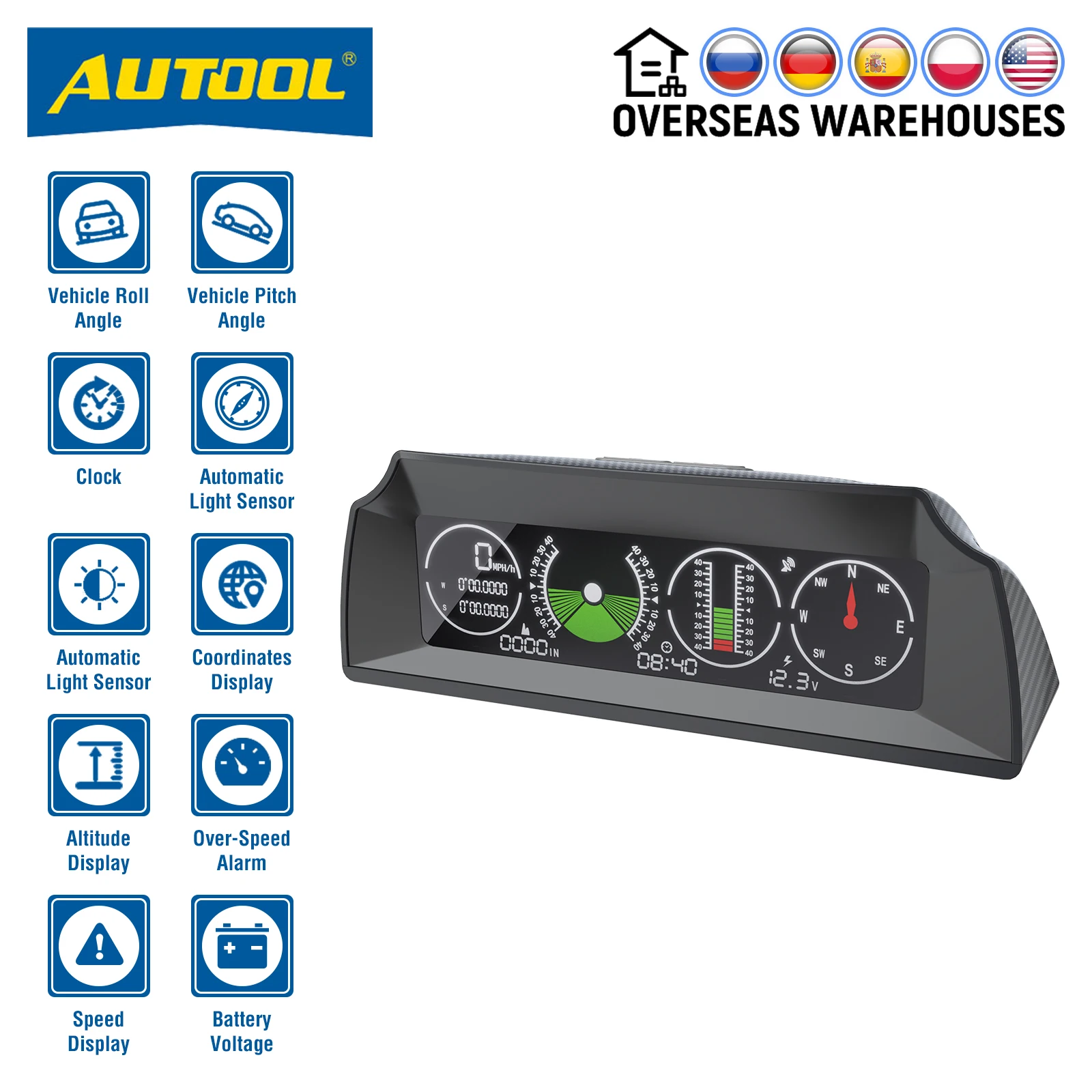 

AUTOOL X90 GPS Speed Slope Meter Inclinometer Car HUD Automotive Tilt Pitch Angle Protractor Latitude Longitude Smart Compass