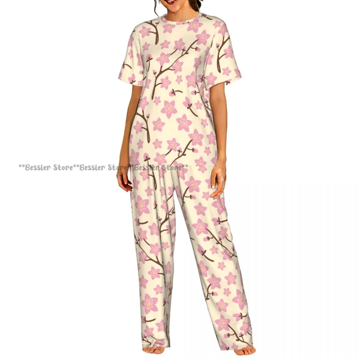 

Women's Branches With Cherry Blossoms short sleeve trousers casual pajamas set