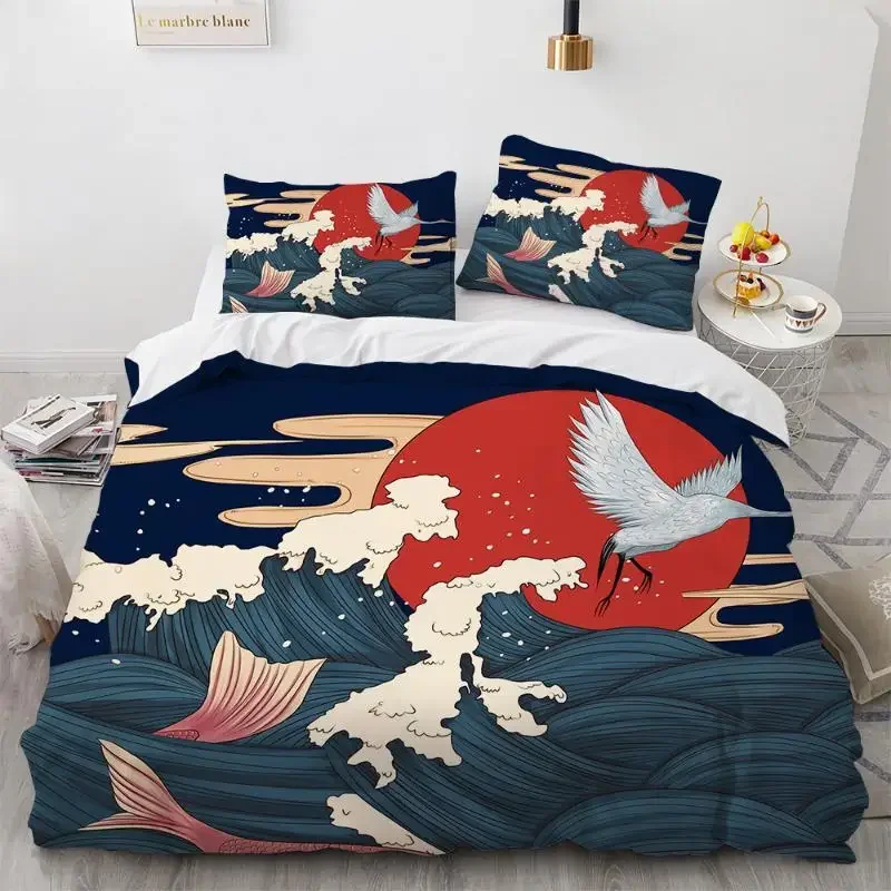 Wave Duvet Cover Set Hokusai Pattern Japanese Ukiyoe Quilt Cover Oriental Sketch Style Ocean Queen Twin Polyester Bedding Set