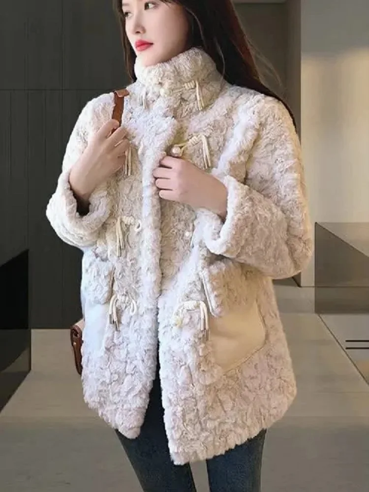 الشتاء امرأة رقيق معطف فرو الضأن الدافئة فو الفراء معطف طوق ملابس خارجية قصيرة القلنسوة زر الكورية سترات الفراء سترة جديدة #6
