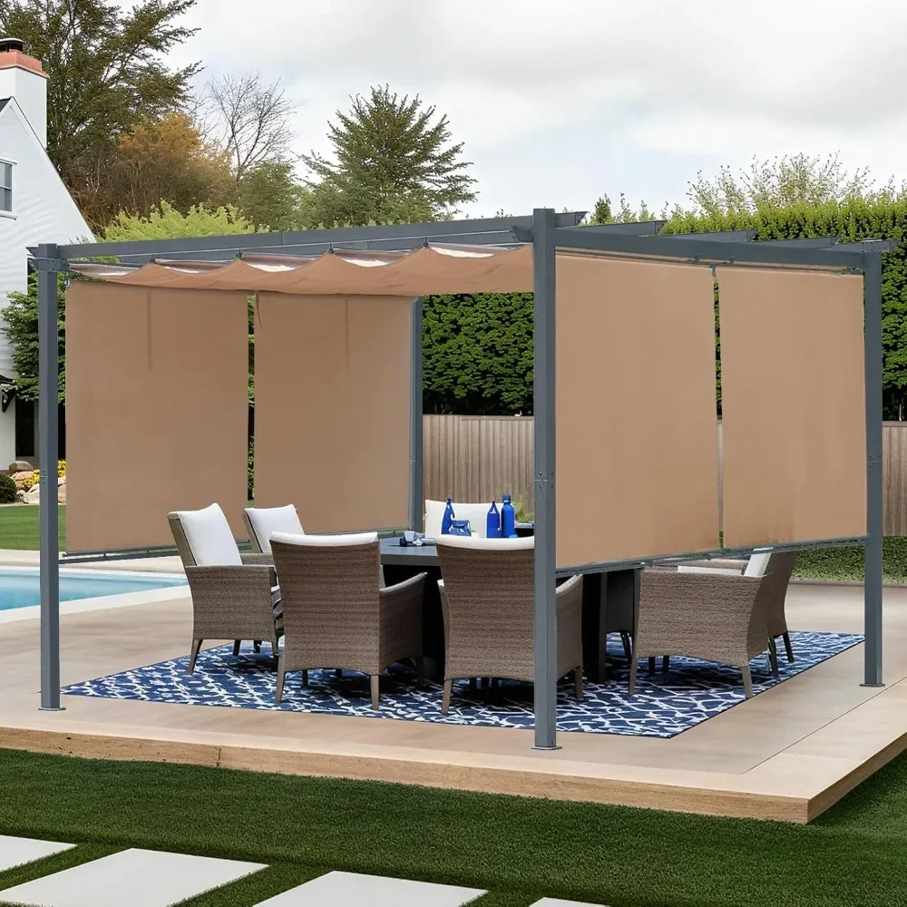 

Уличная пергола 12 x 12 футов с выдвижным тентом, матовая алюминиевая рама, 4 рулонных шторы-занавески, решетка для винограда