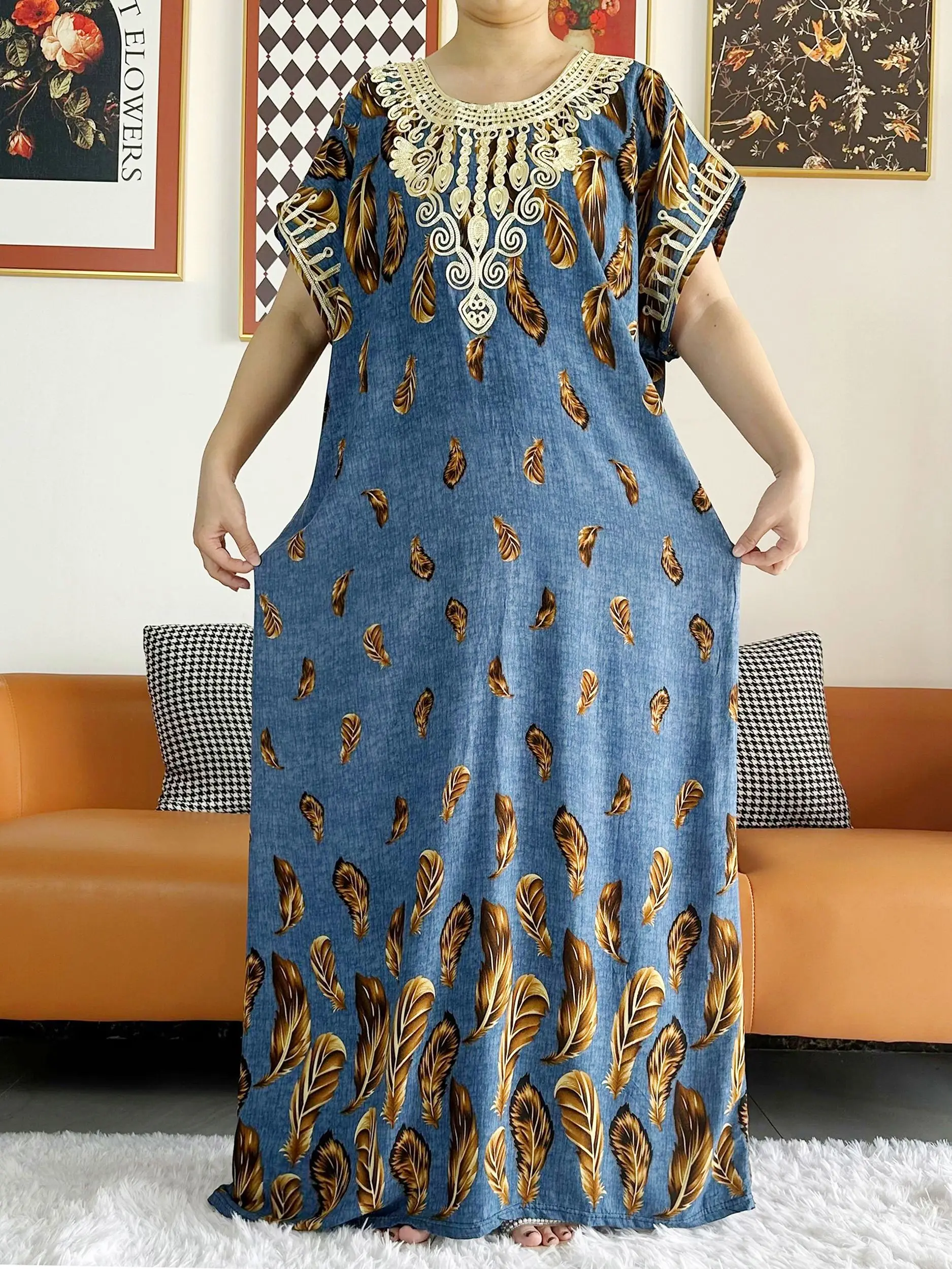 New 2023 Summer Party Dress Short Sleeve Women Loose Maxi Robe Floral Femme Musulmane African Printing Floral Abaya Vestidos