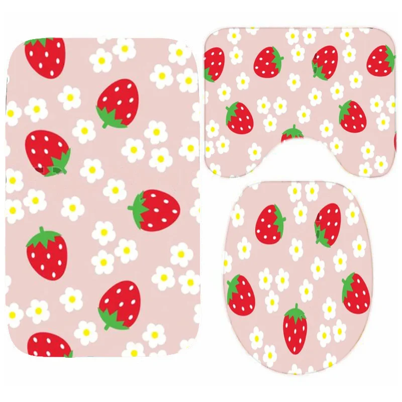 Kawaii Pink Strawberry Bathroom Mat Set 3PCS Cute Strawberry Flower Pattern Bath Rug Carpet Toilet Lid Cover Bedroom Accessories