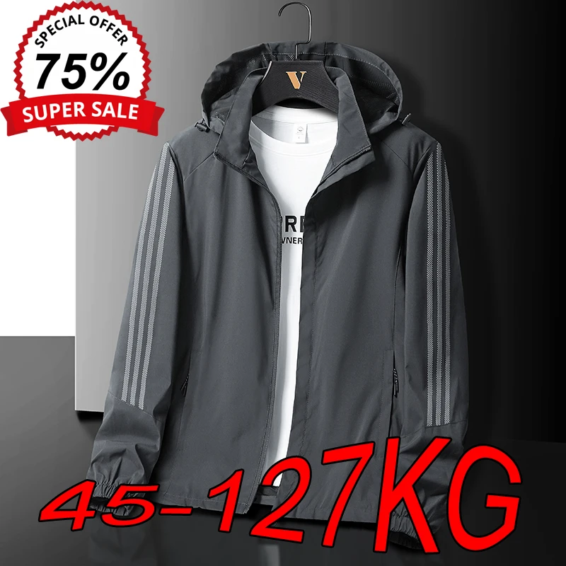 L-8XL Hooded Jacket Autumn Plus Size Casual Fashion Trend Detachable Hat Tops Big Size Youth Sports Loose Striped Zipper Coats