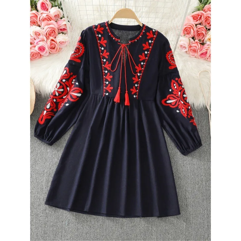 

Travel Vacation Bohemian Style Dress Spring Summer Vintage Ethnic Style Round Neck Bow Embroidery Short Skirt