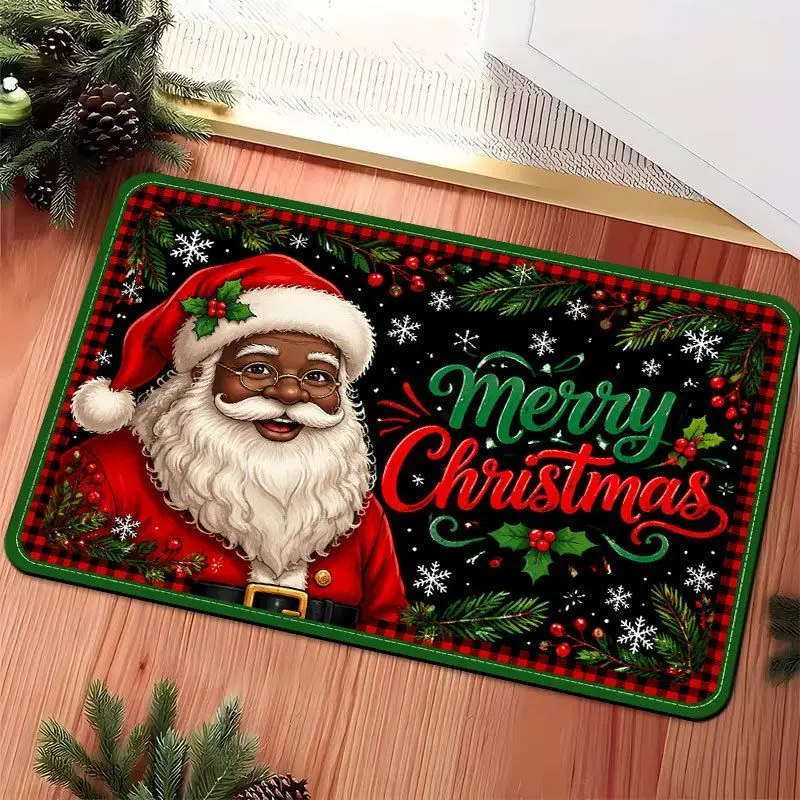 VIKAMA Black Santa Claus Doormat Merry Christmas Welcome Mat Buffalo Plaid Border Snowflakes Entryway Rug Xmas Decor