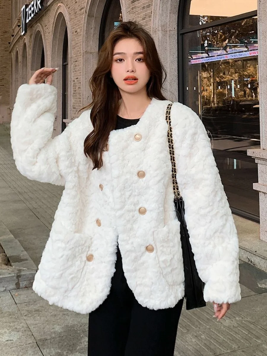 

Lamb Fur Jaet Women's White Fluffy Outerwear Small Fraance Sle Winter New Arrival High-End Cotton Coat Princ Sweet S...