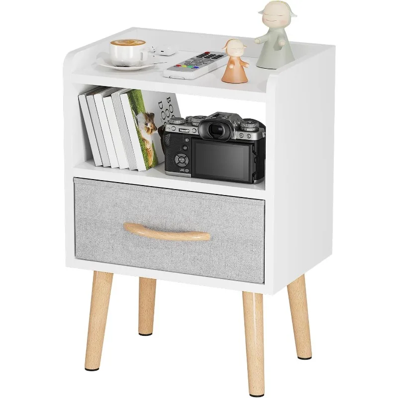 

Белая прикроватная тумбочка с ящиком, современная прикроватная тумбочка, тумбочка середины века с открытой полкой, маленькие прикроватные тумбочки для