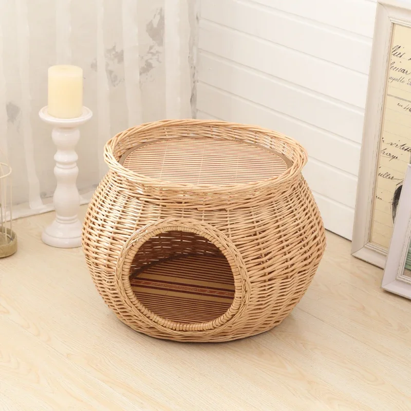 H1 Manual Rattan Cat House Natural Wicker Weaving  Nest  Accessories Durable Green with Thick Mat for Big Pet Dog Blanket