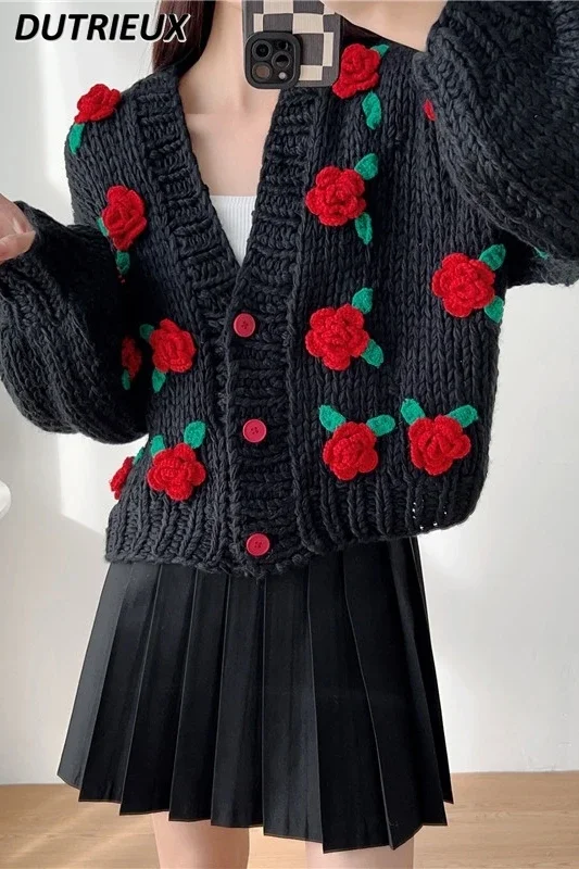 2023 Winter New Handmade V-neck Kawaii Sweet Three-Dimensional Rose Flowers Heavy Industry Knitwear Coat Loose Sweater Jacket