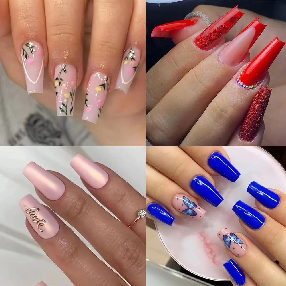 Mode Lange Ballerina Kunstnagels Tulp Vlinder Nepnagels Glitter Rood Afneembare Druk op Nagels DIY