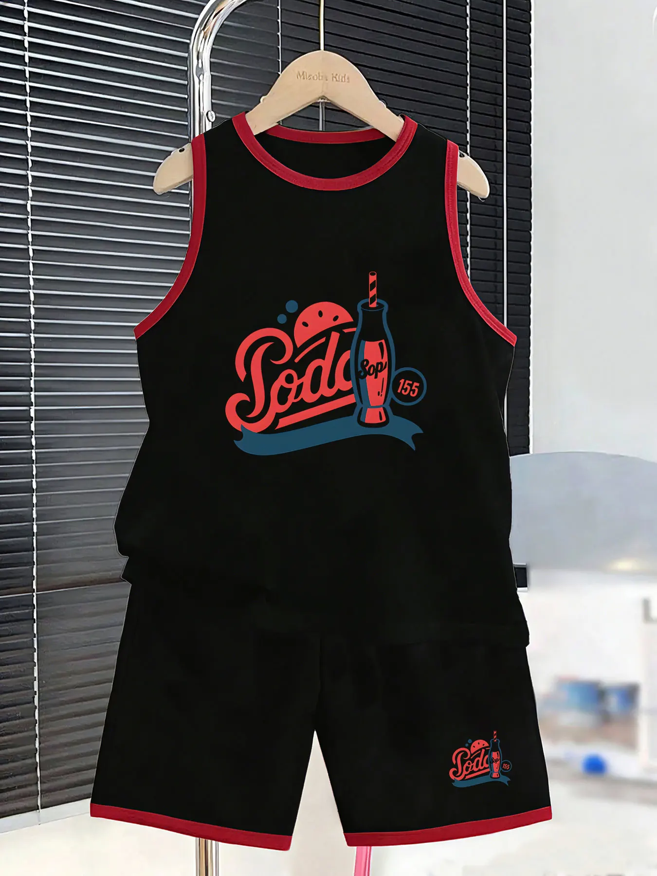 Boys' Retro Soda-themed Tank Top and Shorts Set, creating a vintage summer look. Selected breathable and skin-friendly fabric, k