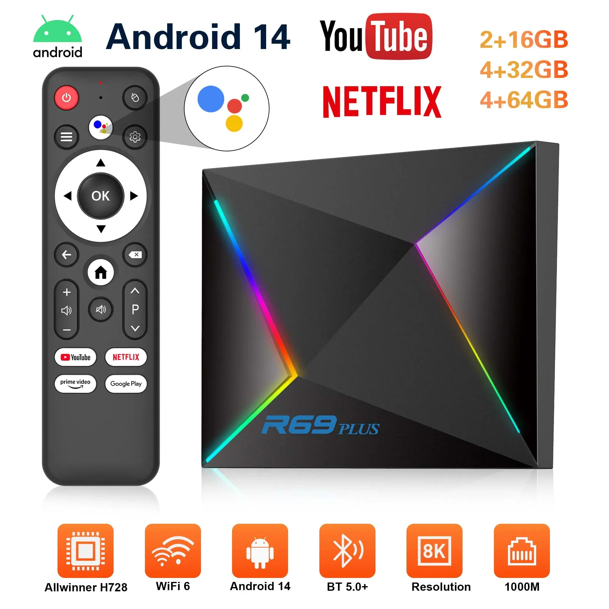 

2024HOT R69 Plus TV Box Android14 AllwinnerH728 Octa-core Chip BT5. Dual WiFi Support Netflix Chromecast Voice assistant control