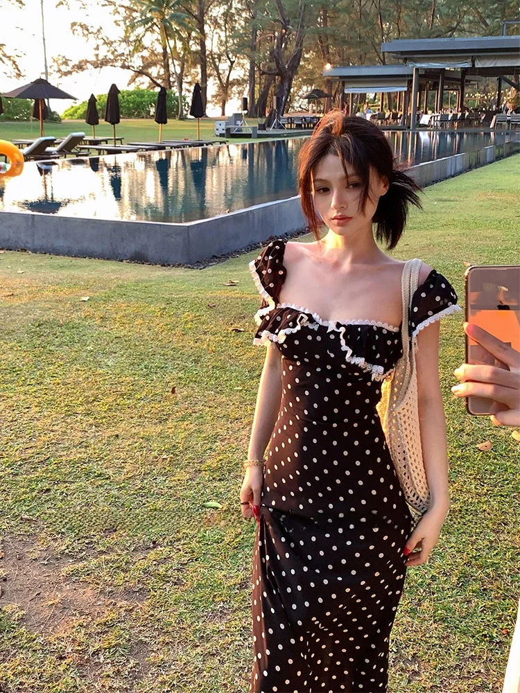 

SYJ ujia plus Size Women's Dr Polka Dot One oulder Lace Splice Slim Fit Butt Covering Spring Summer Casual Wear