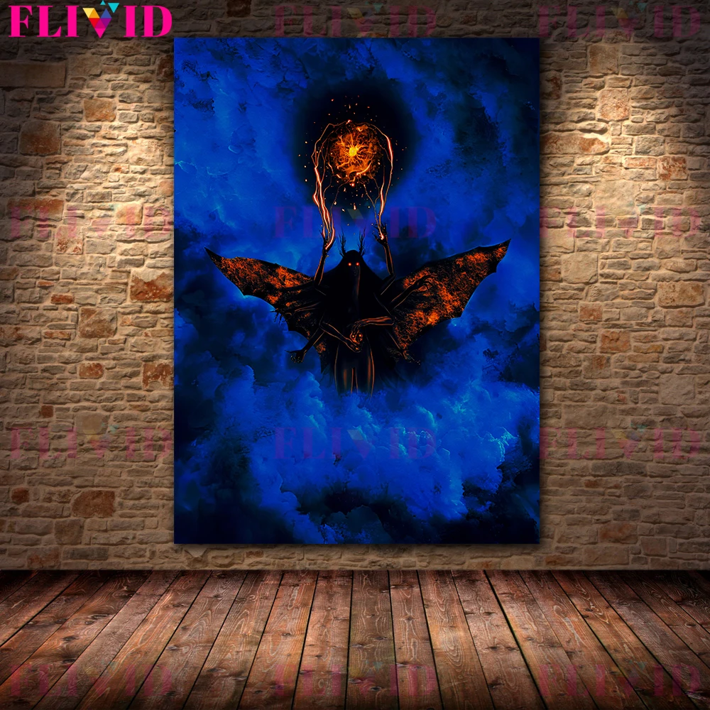 Moth Monster-Witch And The Wizard In The Cemetery Vintage Canvas Wall Art Painting Flying Witch And Demon Art Poster Print Decor