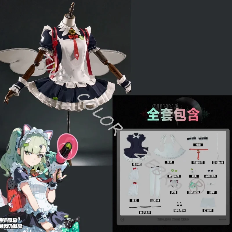 A;3\v,7'd/ZZZ Sunna Cosplay White & Navy Maid Dress Costume Props Set Game Zenless Zone Zero for Halloween Comic Con Pw.3;v'6\b/ view 5