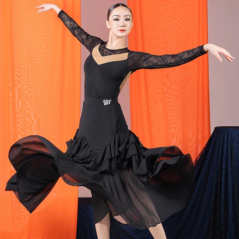 วอลทซ์บอลรูมแดนซ์การแข่งขันเครื่องแต่งกายผู้หญิงเต้นรำสมัยใหม่เสื้อผ้าผู้ใหญ่ตาข่ายละตินท็อป รัฟเฟลด์กระโปรงชุดเดรส SL13787