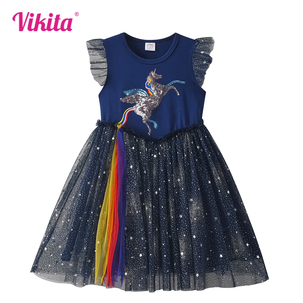 

VIKITA Girls Flare Sleeve Summer Dress Kids Licorne Sequins Appliqued Cartoon Dresses Kids Star Sequins Navy Princess Dresses