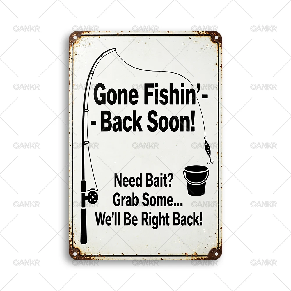 Gone Fishin' Metal Tin Sign Vintage Funny Fishing Wall Art for Cabin Lake House Home Bar Man Cave Lodge Themed Decor Plaque