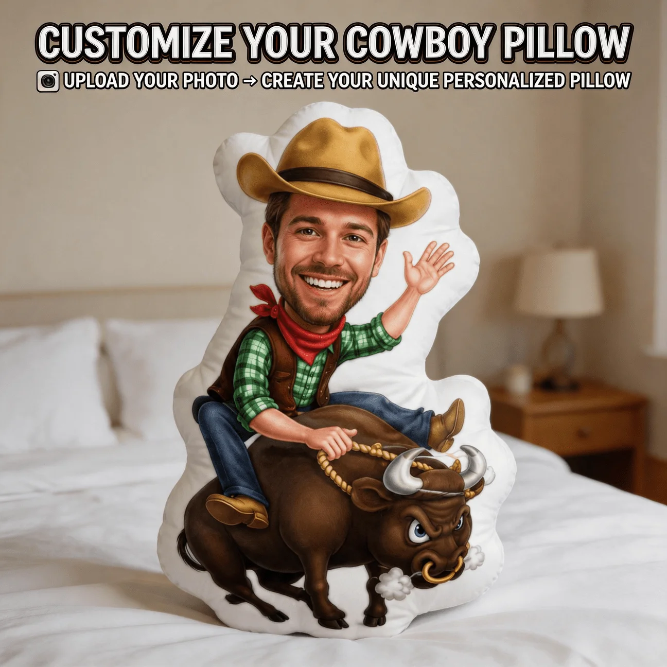 Custom Photo Cowboy Style Shaped Pillow, Personalized Face Riding Bull Decorative Cushion, Unique Home Decor Accent for Sofa & B