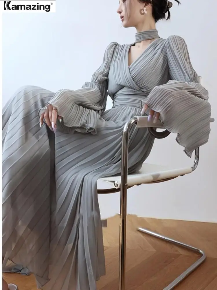 French Elegant Pleated Evening Party Princess Long Dress Women's Korean Fashion V-Neck Big Swing Robe Summer Autumn Clothing