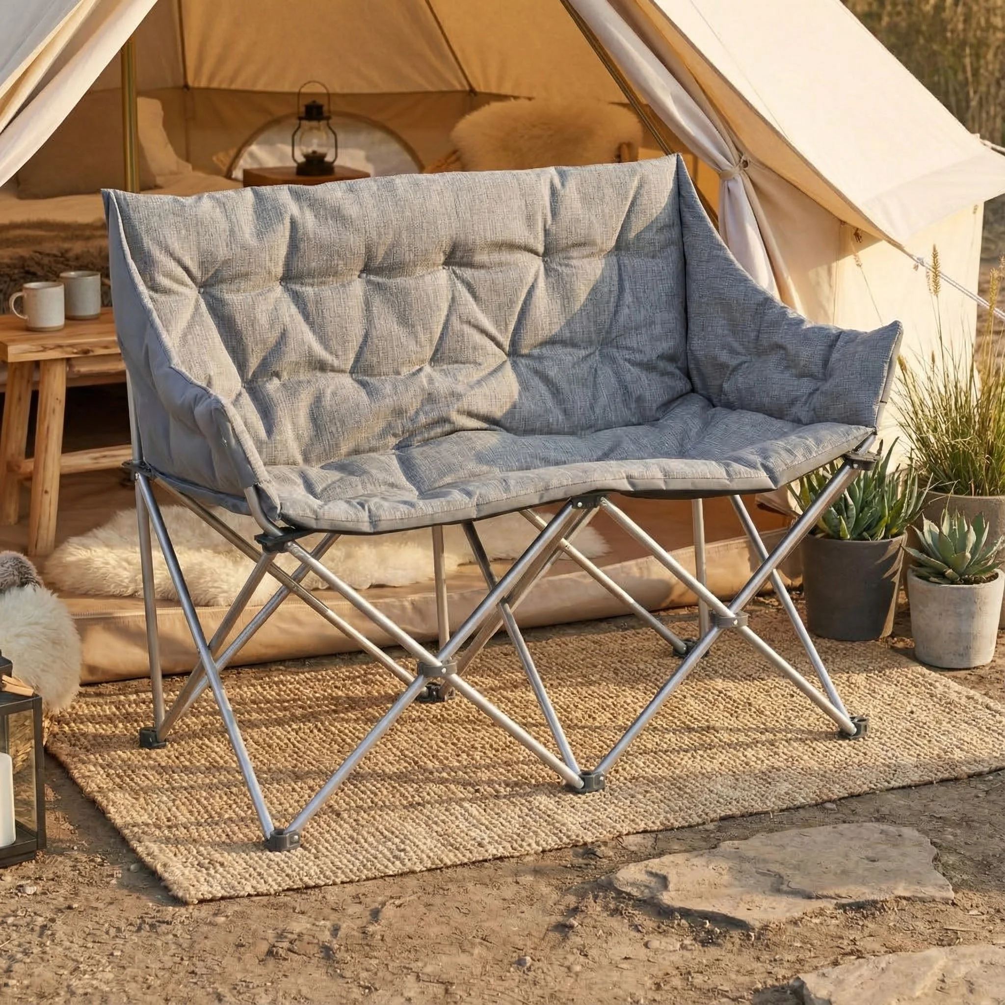Double Folding Camping Double Sofa Chair Sub with Upholstered Seat Armrest 2 People Outdoor Sofa Beach Garden Courtyard