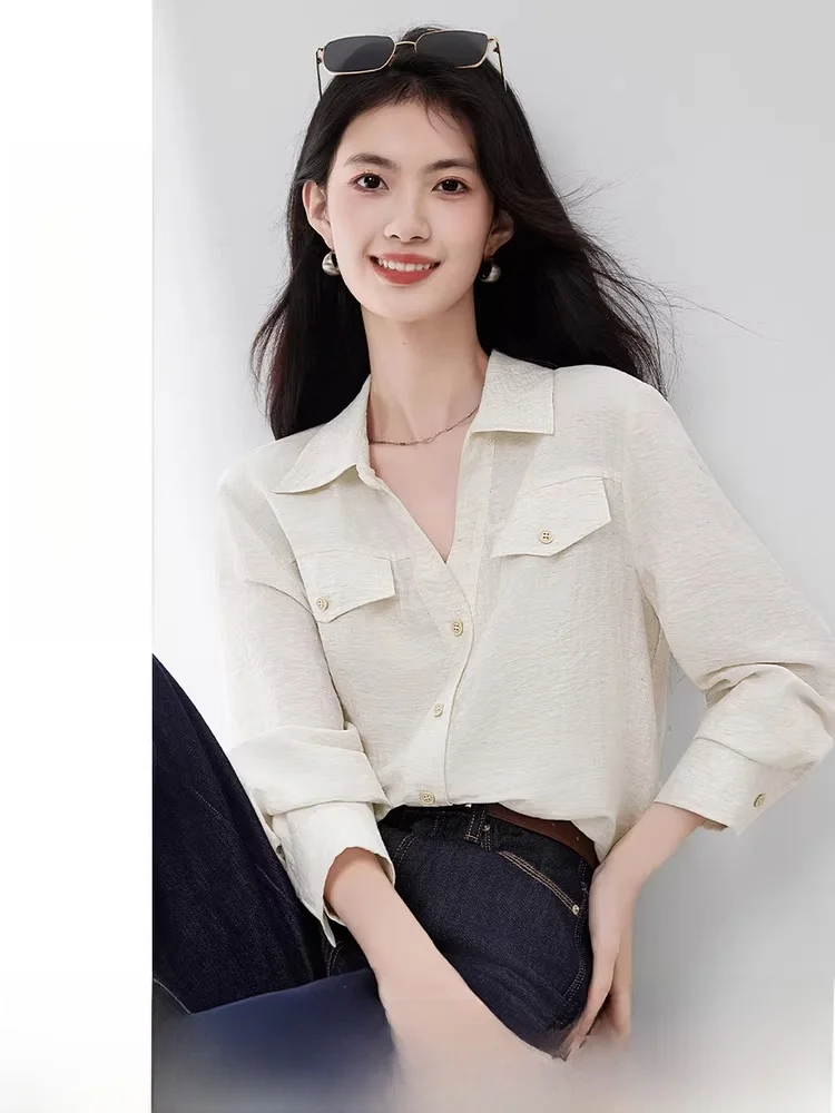 

Linen Blend Long Sve Women's irt Spring 2026 V-Ne Color Blo Loose Slimming Top Comfortable Wood ain Texture